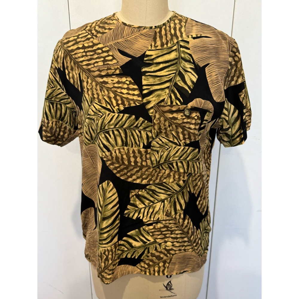 Liz Claiborne blouse Size 4 Black Brown Leaf Print Silk Short Sleeve